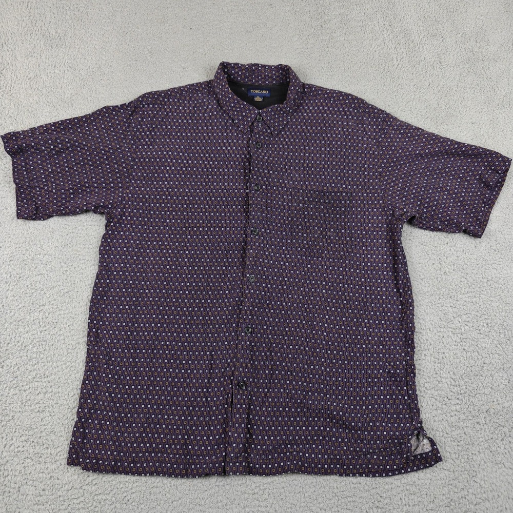Toscano Shirt Mens 2XL Purple Silk Geometric Short Sleeve Button Up Casual